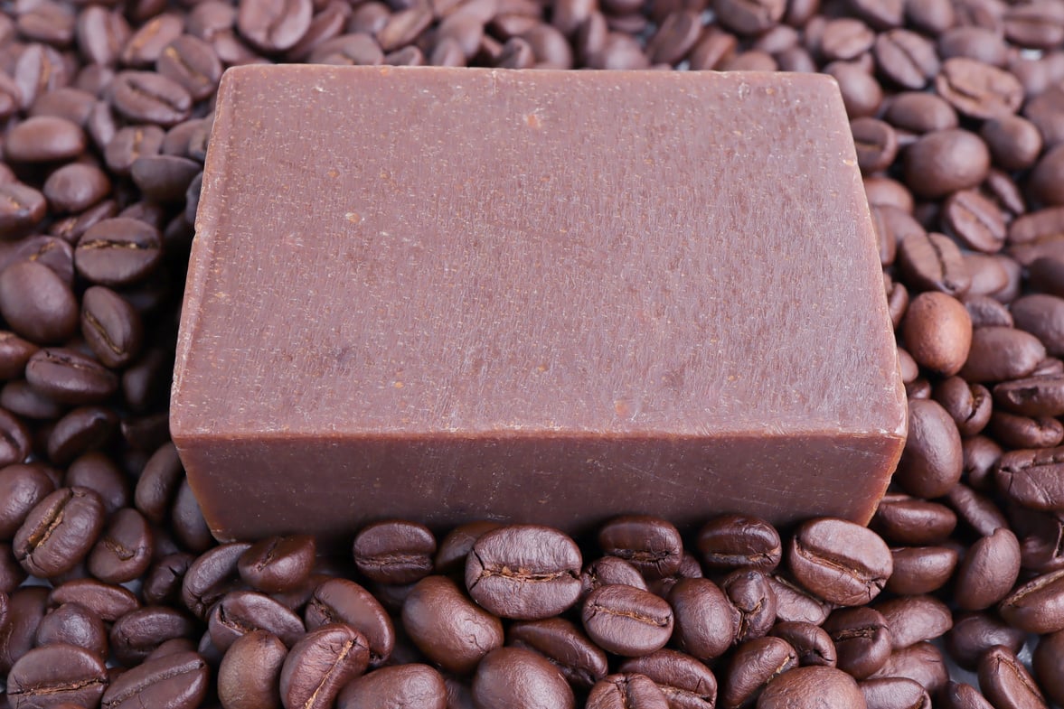 Organic soap. Spa treatments. Coffee soap scrub with roasted coffee beans.